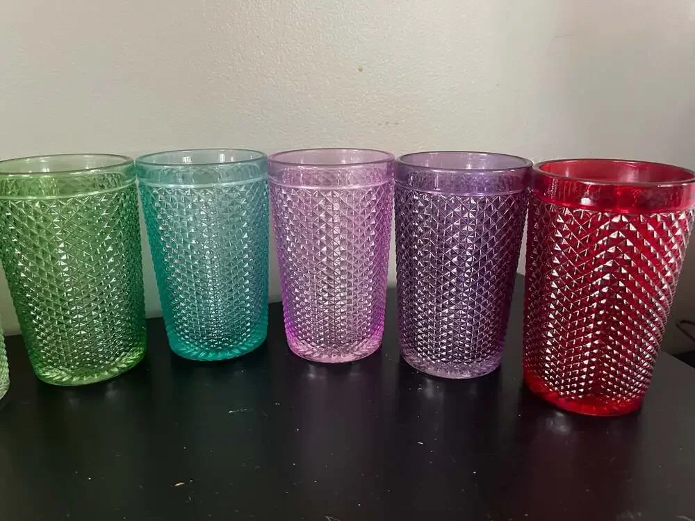 Set of 8 Multicolored Diamond Pattern Hobnail Textured Glass Drinking Tumblers - Picture 4 of 7